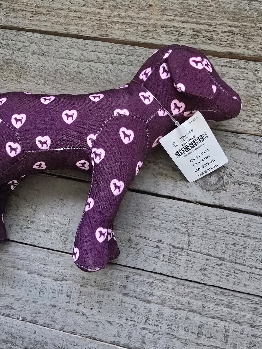 PINK Victoria's Secret Purple Plush Dog Toy with Pink Heart Print